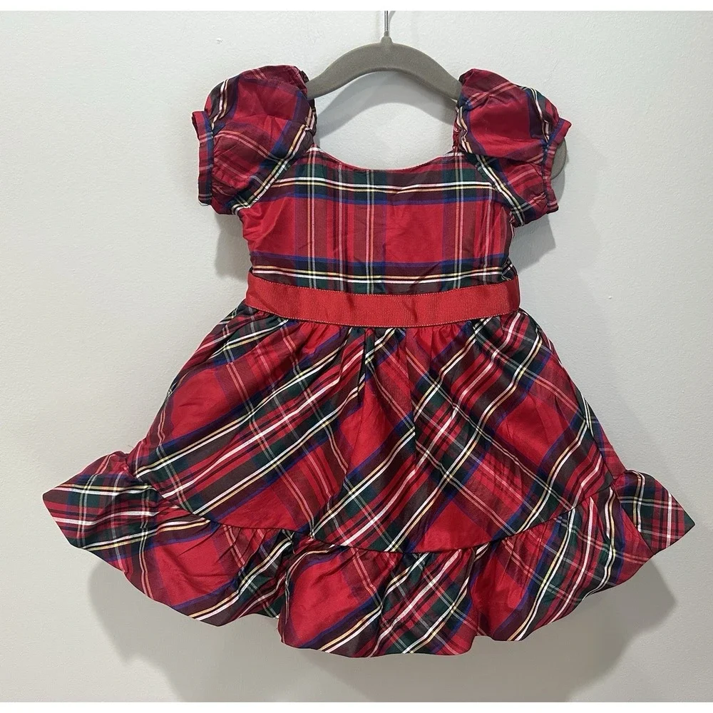 Janie‎ And Jack Baby Girl 6-12 Months Silk Red Tartan Plaid Holiday Dress NEW